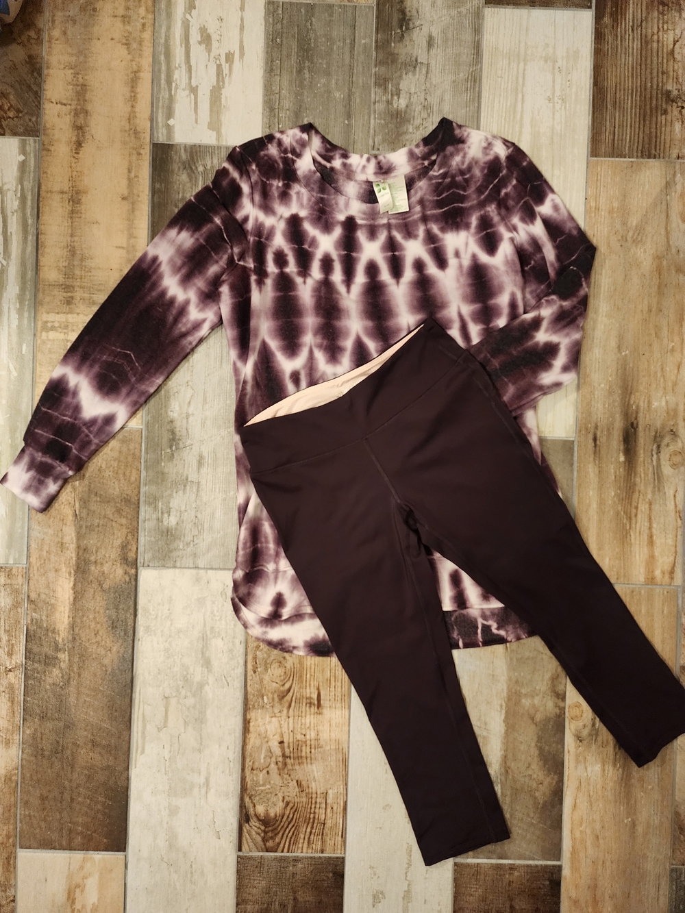 Marika Sport Dark Burgundy Capri Leggings With Tie Dye Top Yoga Outfit